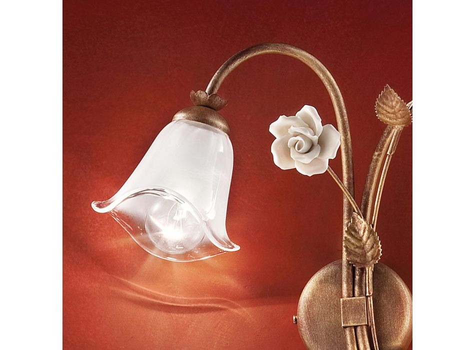 Kinkiet 2 światła z żelaza i szkła z różą w ceramice - Siena Viadurini