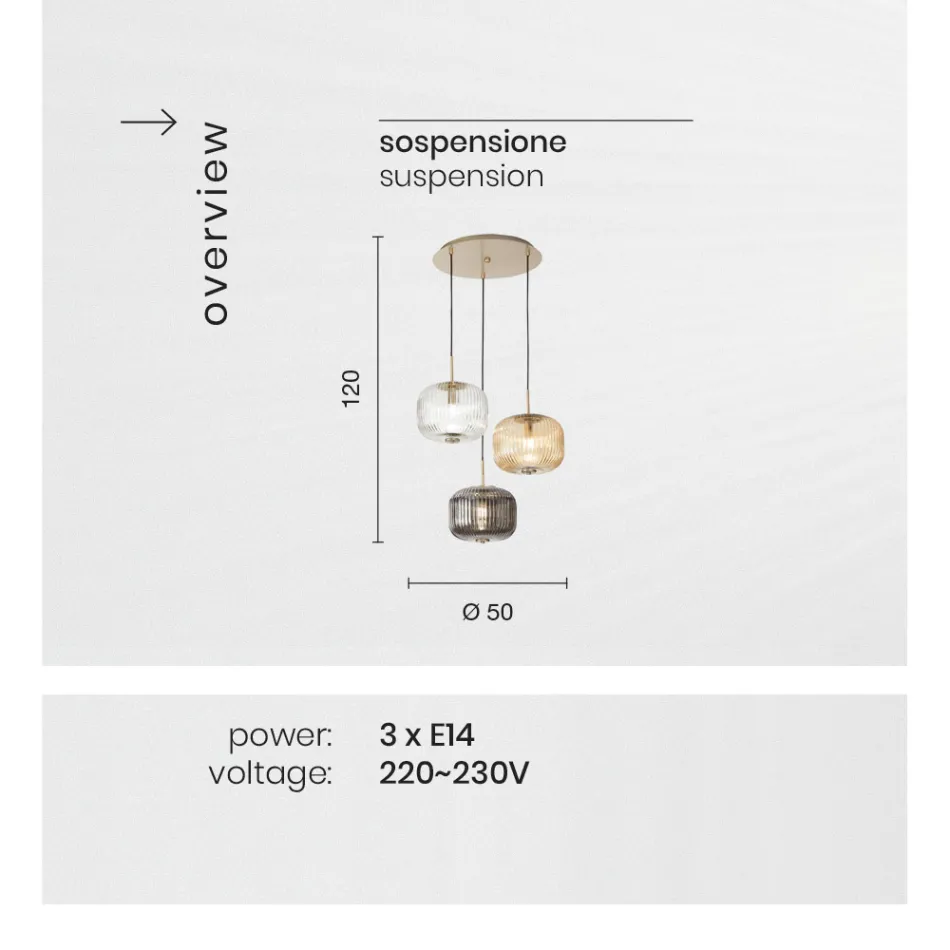 Lampa wisząca 3 światła z kolorowego dmuchanego szkła i metalu - Trissa Viadurini