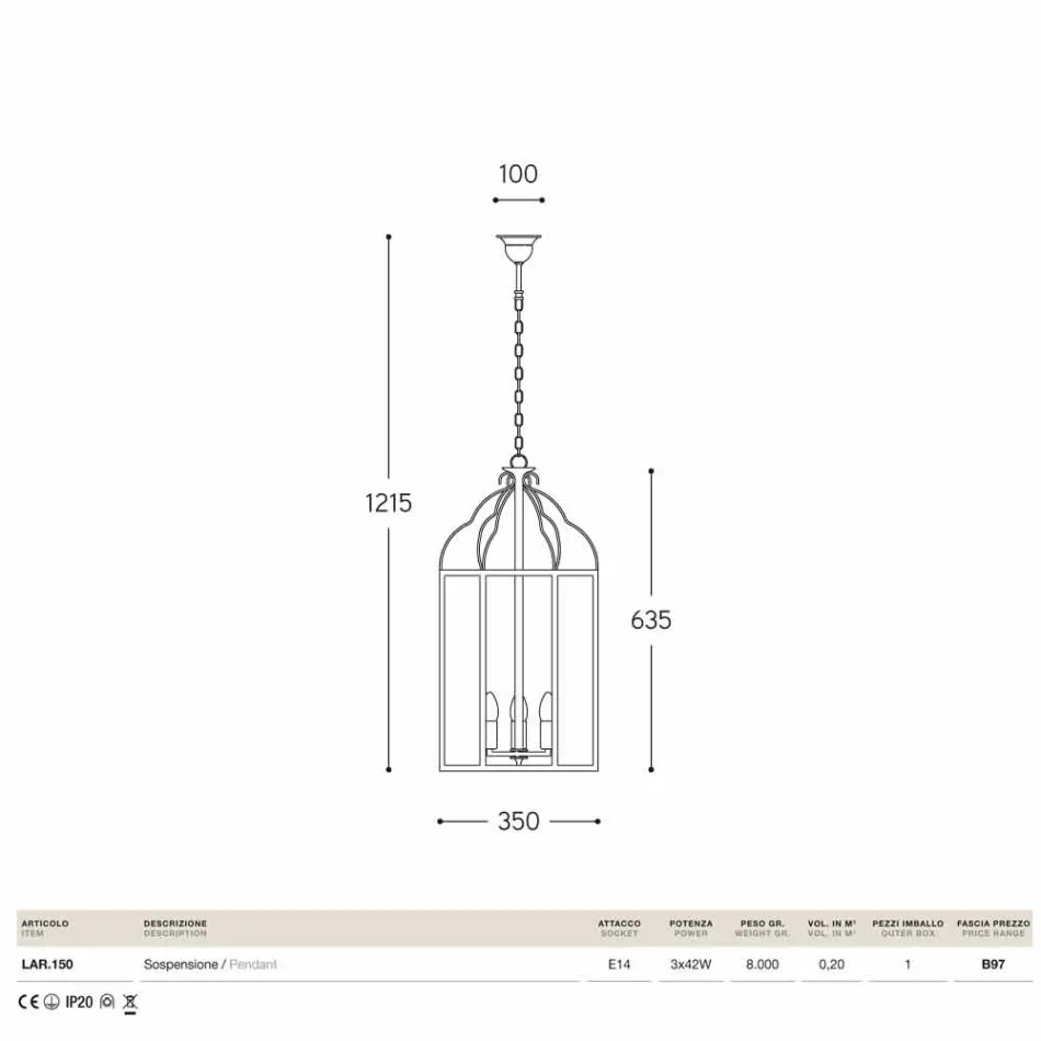 Lampa wisząca z 3 światła mosiądzu i szkła Turandot Viadurini