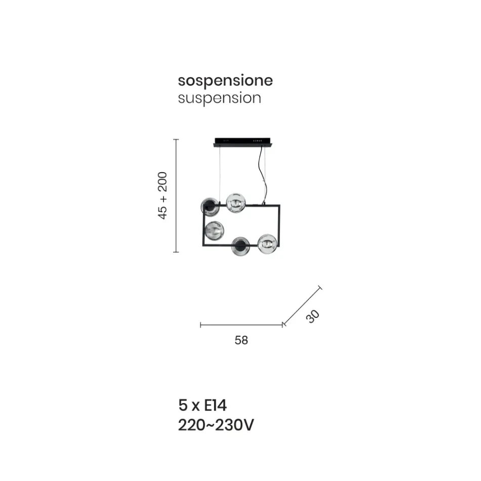 Lampa wisząca z 5 światłami z metalu i nowoczesnego dmuchanego szkła - Birga Viadurini