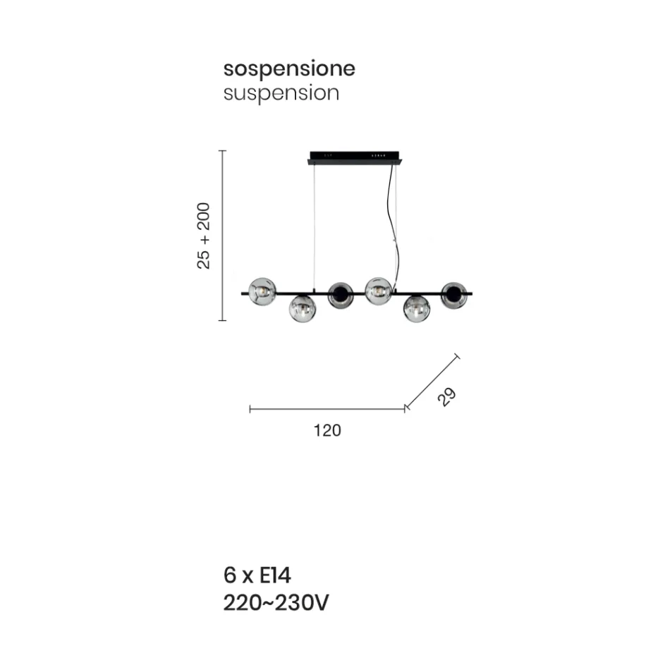 Lampa wisząca z 6 światłami z metalu i nowoczesnego dmuchanego szkła - Birga Viadurini