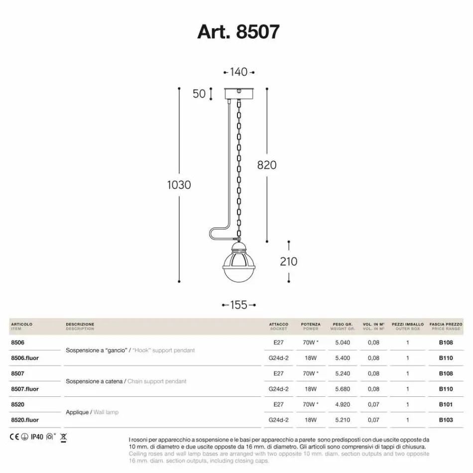 Lampa wisząca hydroizolacyjne mosiądzu i białe szkło Viadurini