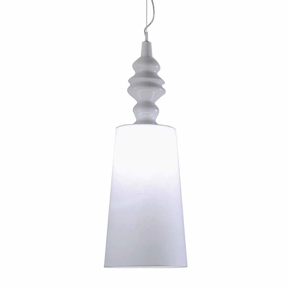 Lampa wisząca w białym ceramicznym kloszu z lnianym długim wzorem - Cadabra Viadurini