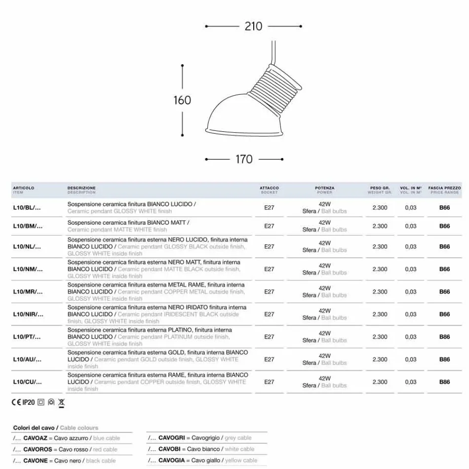 Lampa wisząca szkliwa ceramicznego 10 Aldo Bernardi Viadurini