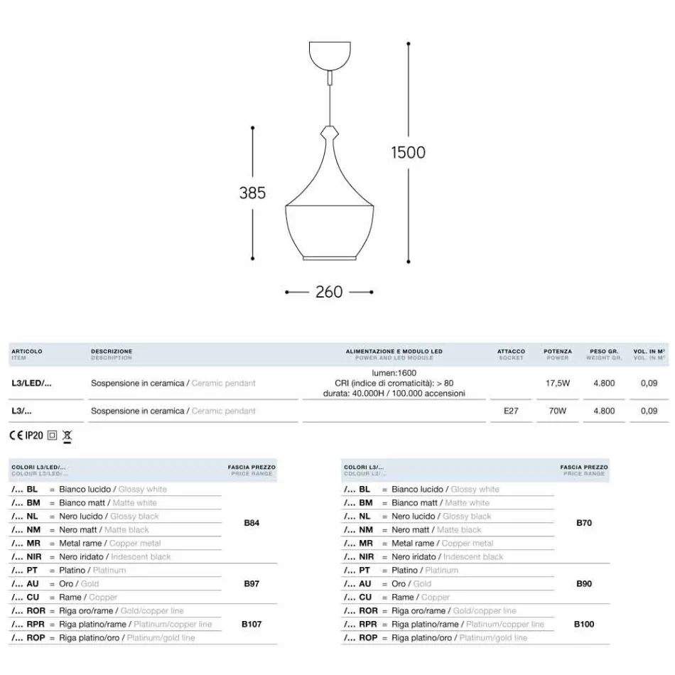 Lampa zawieszka ceramiczna Glaze 3 Aldo Bernardi Viadurini