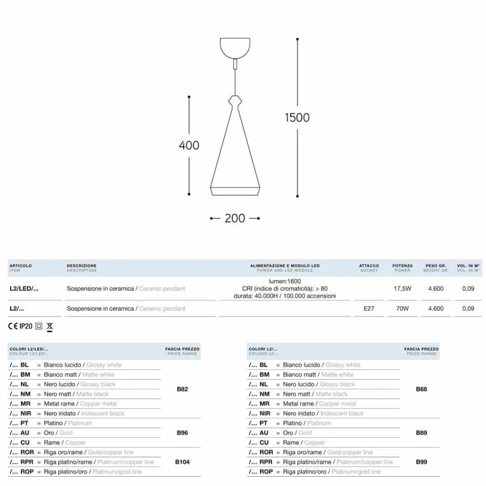 Lampa wisząca szkliwa ceramicznego 2 LED lub standardowe Viadurini