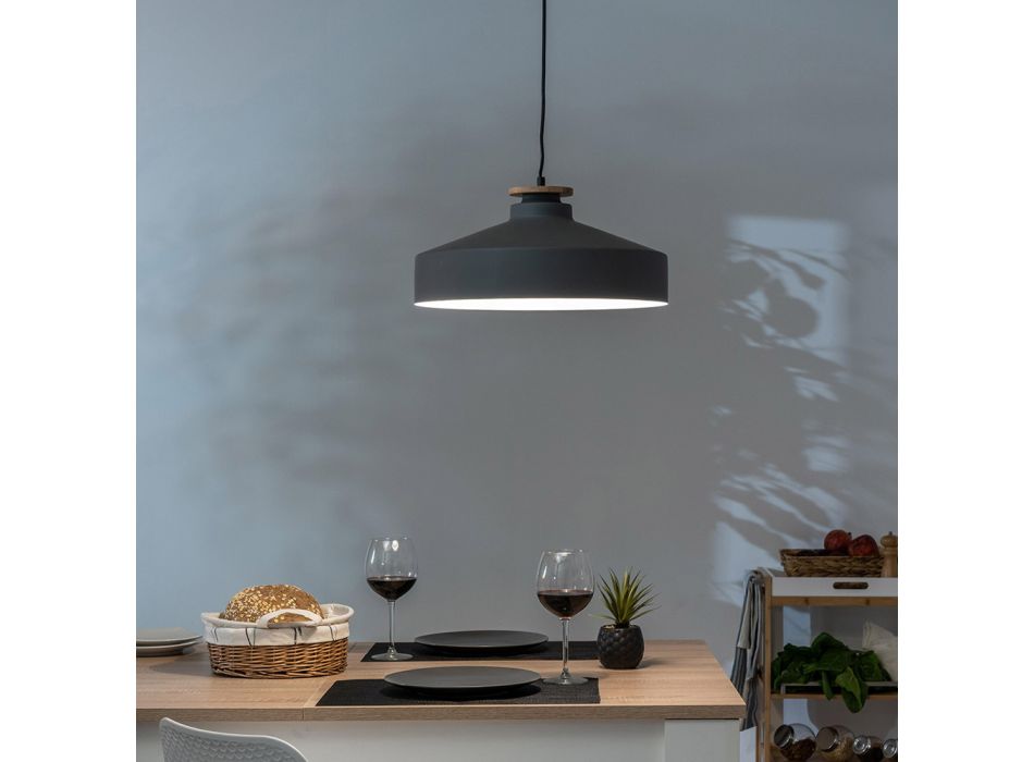 Lampa wisząca z szarego metalu i drewna z nylonowym kablem - Marlena Viadurini
