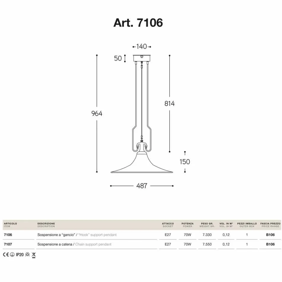 Lampa wisząca z mosiądzu i miedzi młyn z hakiem Viadurini