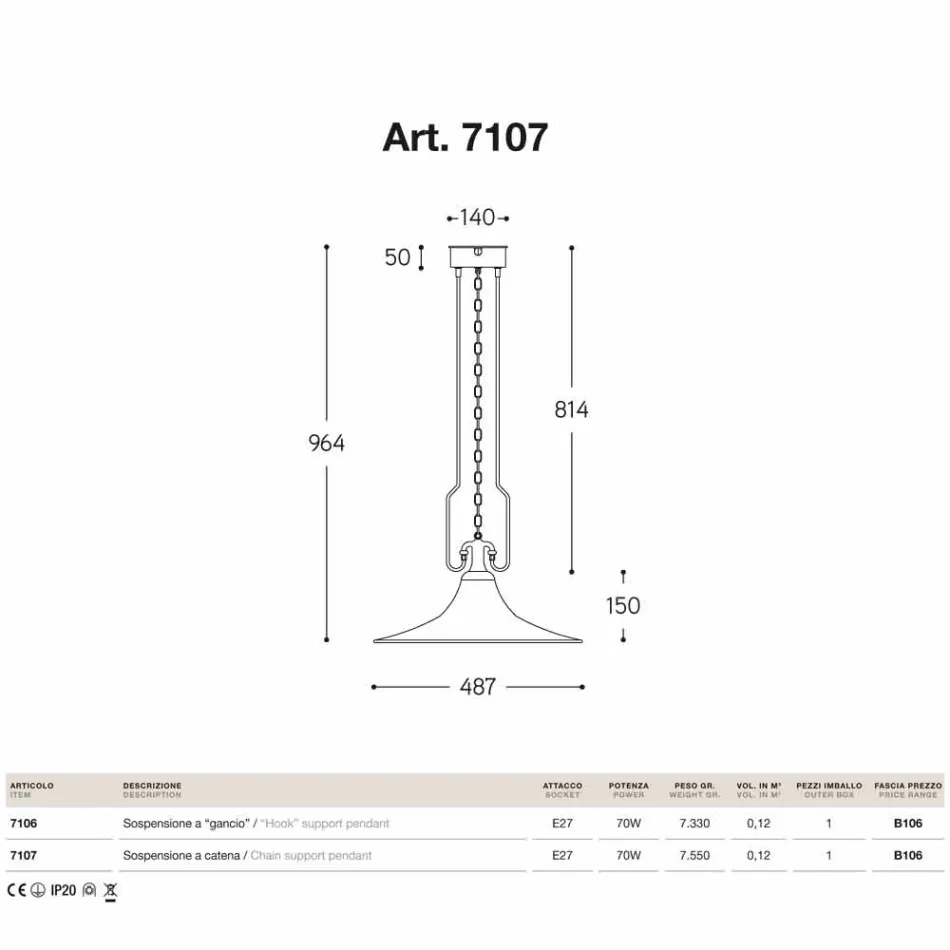 Lampa wisząca z mosiądzu i miedzi młyn z hakiem Viadurini