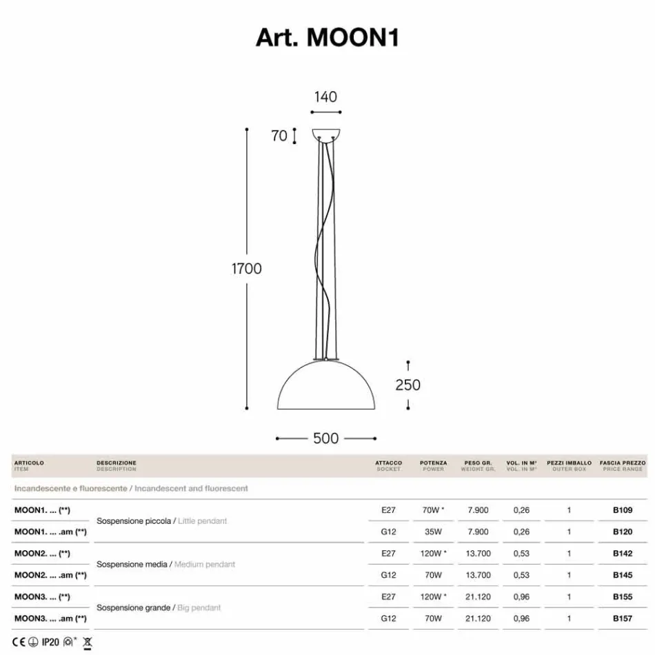 Lampa wisząca mała stalowa Moonlight Viadurini