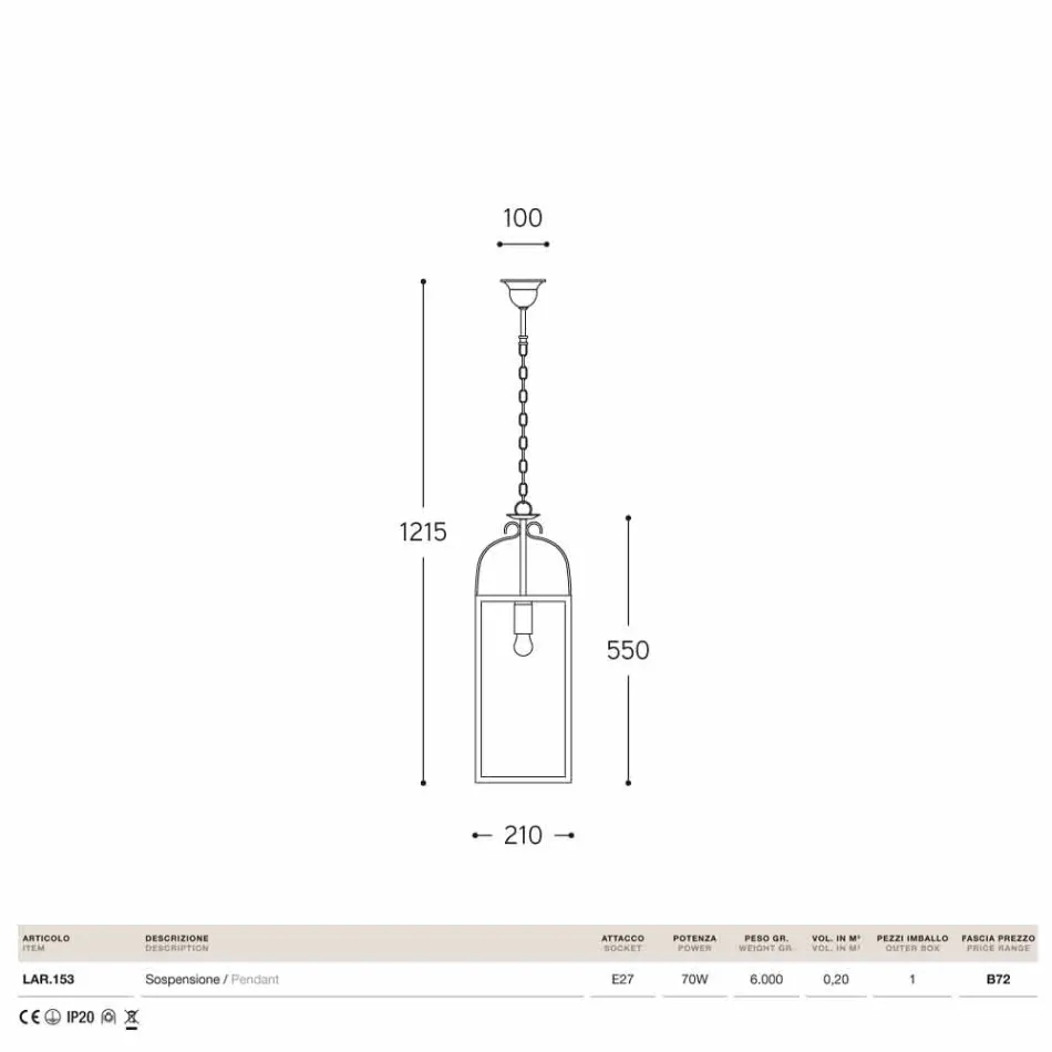 Kwadratowa lampa wisząca z 1 mosiądzu światła i szkła Aida Viadurini