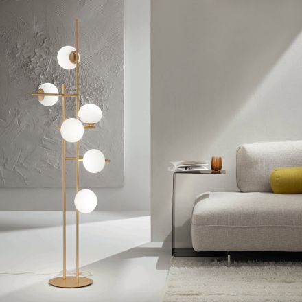 Lampa podłogowa z diodami LED z metalu malowanego na złoto i dmuchanego szkła - Ailanto Viadurini