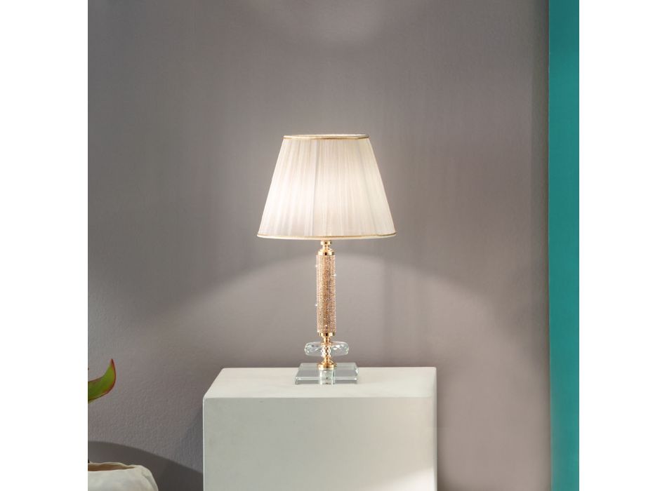Klasyczna lampa wsporcza ze złotego metalu, kryształu i abażuru - Similo Viadurini