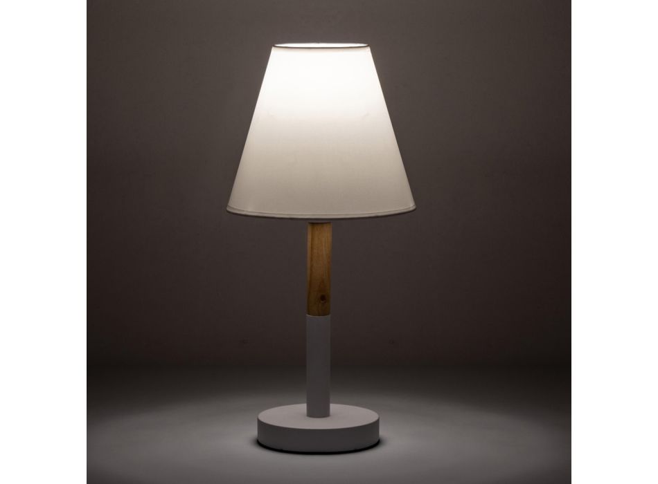 Lampa stołowa z białego metalu i drewna z kloszem z płótna - Sannah Viadurini