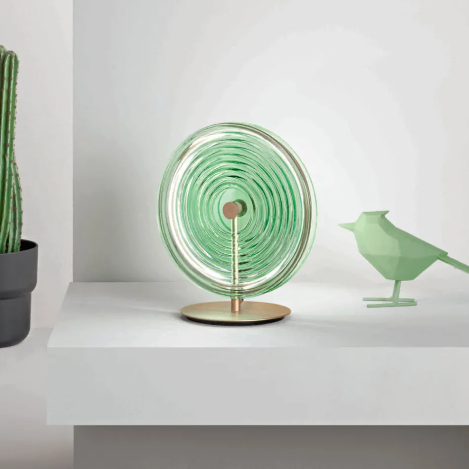 Lampa stołowa z metalu i szkła ozdobiona koncentrycznymi liniami - Hackberry Viadurini
