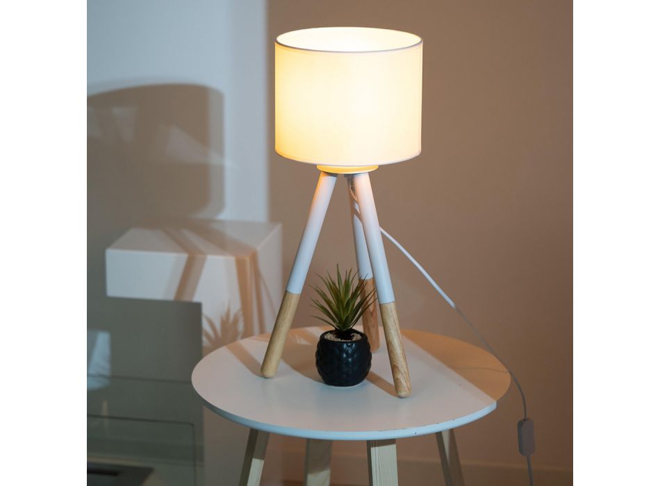 Lampa stołowa z białego płótna z metalową i drewnianą strukturą - Fiona Viadurini