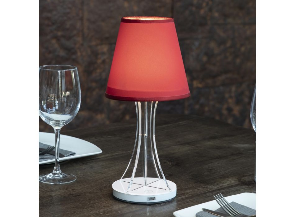 Akumulatorowa lampa stołowa z akrylu i abażuru z tkaniny - Raviolino