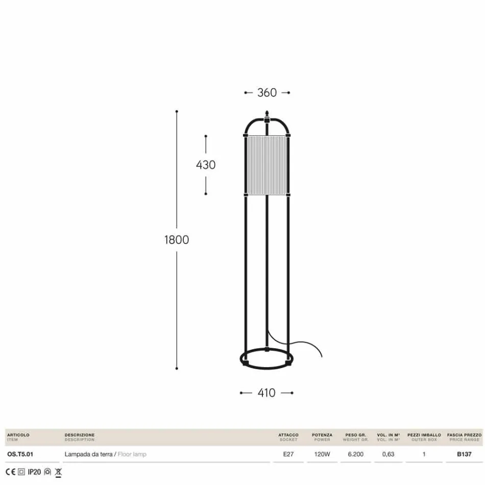 Lampa podłogowa z mosiądzu i tkaniny Hua Hika Viadurini