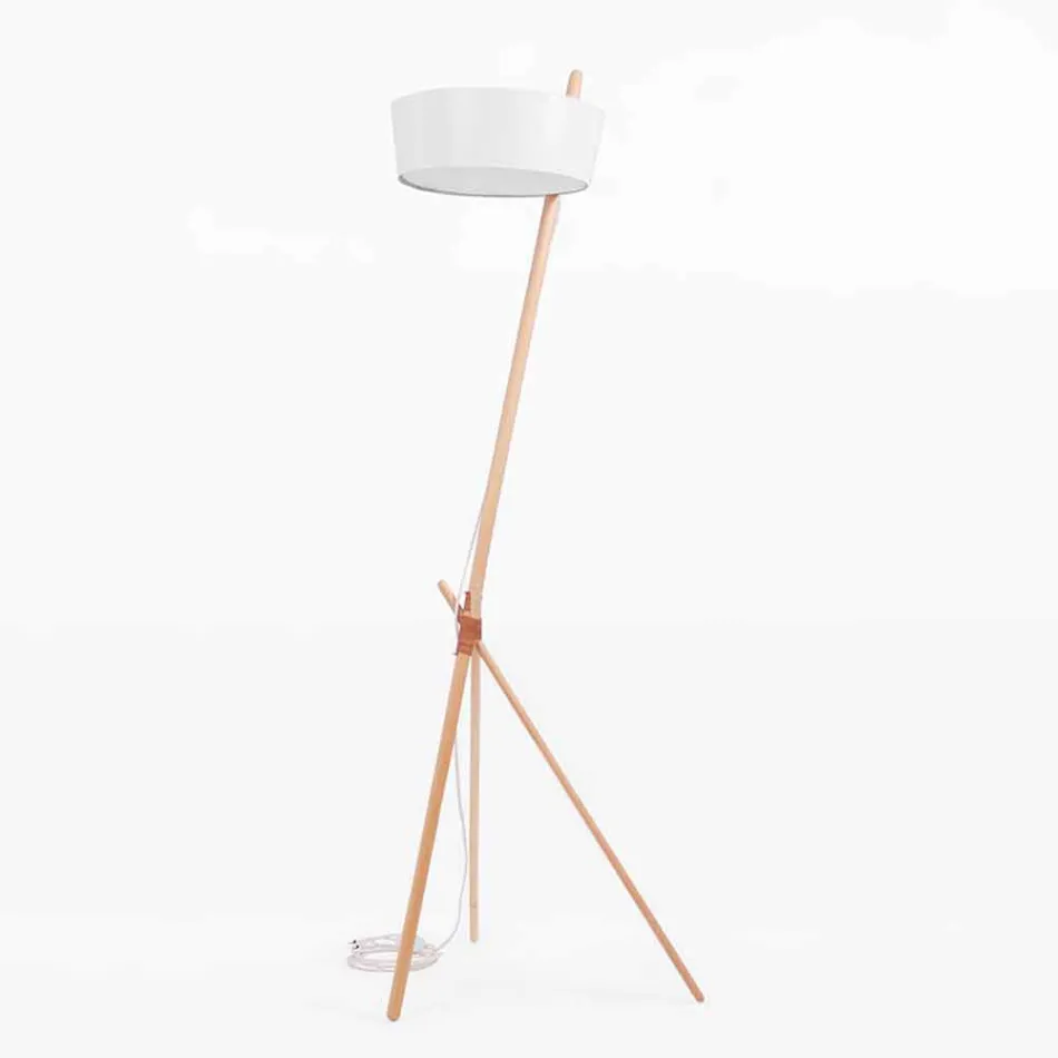 Lampa podłogowa z drewna i metalu z detalami ze skóry wegańskiej - Avetta Viadurini