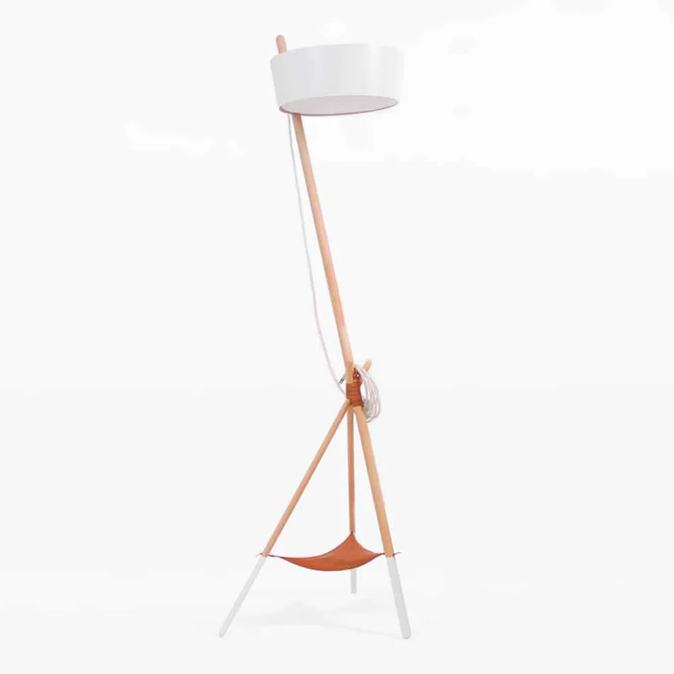 Lampa podłogowa z drewna i metalu z detalami ze skóry wegańskiej - Avetta Viadurini