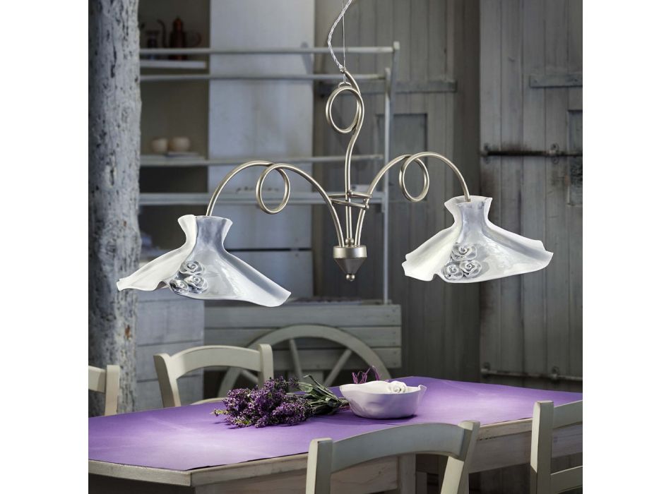 Lampa wisząca 2 światła ręcznie wykonana z błyszczącej ceramiki z różami - Lecco Viadurini