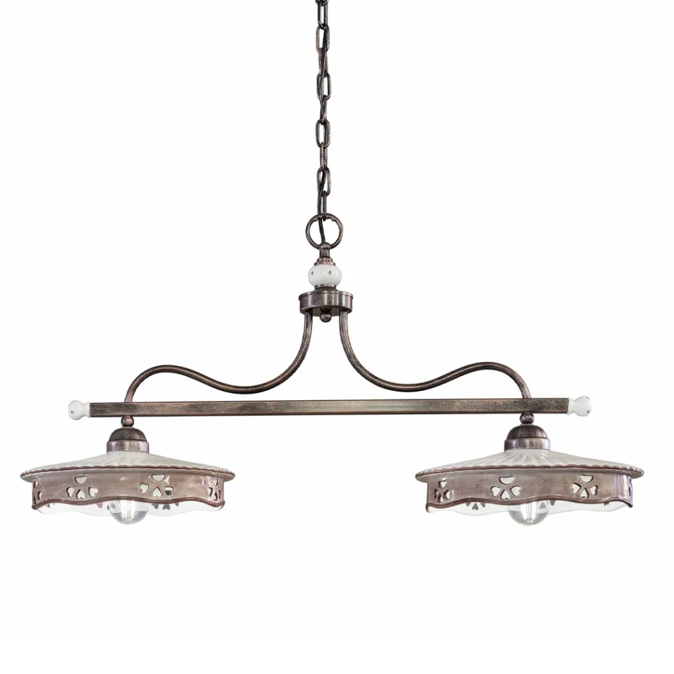 Zabytkowa lampa wisząca 2 światła z ręcznie robionej ceramiki żelaznej - Alessandria Viadurini