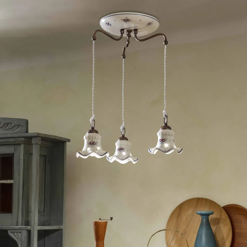 Lampa wisząca 3 światła z żelaza i ceramiki ręcznie malowanej w stylu vintage - Chieti Viadurini