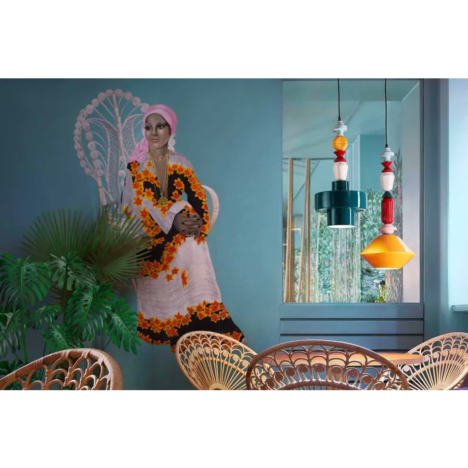 Żółta lub zielona retro ceramiczna lampa wisząca Made in Italy - Ferroluce Lariat Viadurini