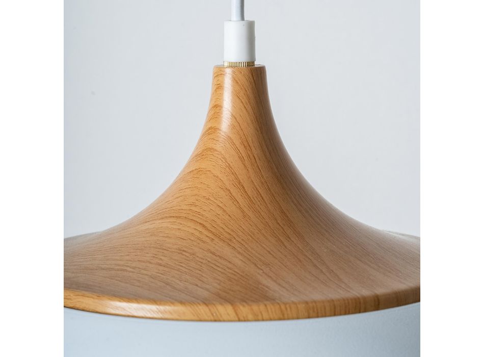 Lampa wisząca z białym metalowym kloszem i efektem drewna - Barbara Viadurini