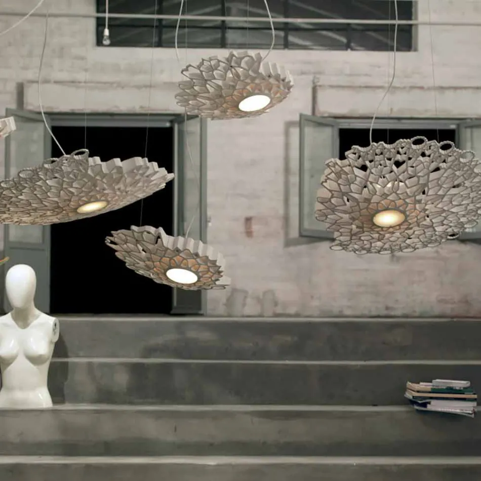 Lampa wisząca z technopolimeru w kolorze białym lub złotym. Konstrukcja 2 wymiary - katedra Viadurini