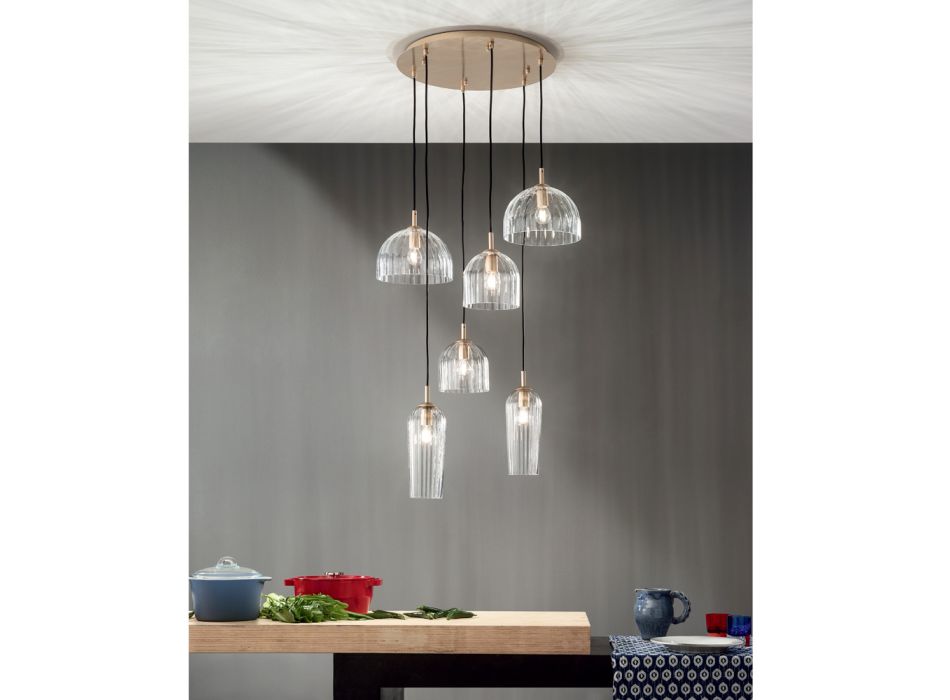 Lampa wisząca z dmuchanego szkła w paski i malowanego metalu - Giuliano Viadurini