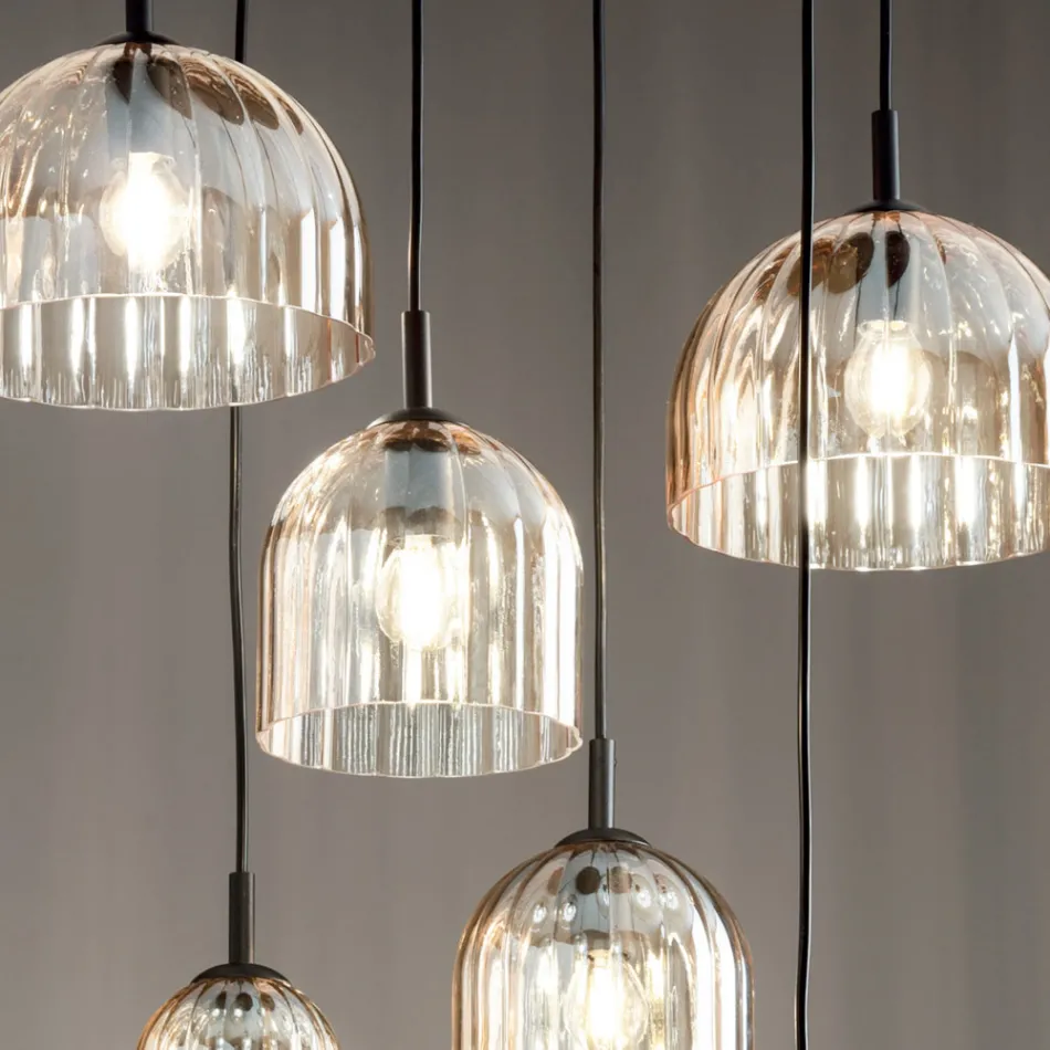 Lampa wisząca z dmuchanego szkła w paski i malowanego metalu - Giuliano Viadurini