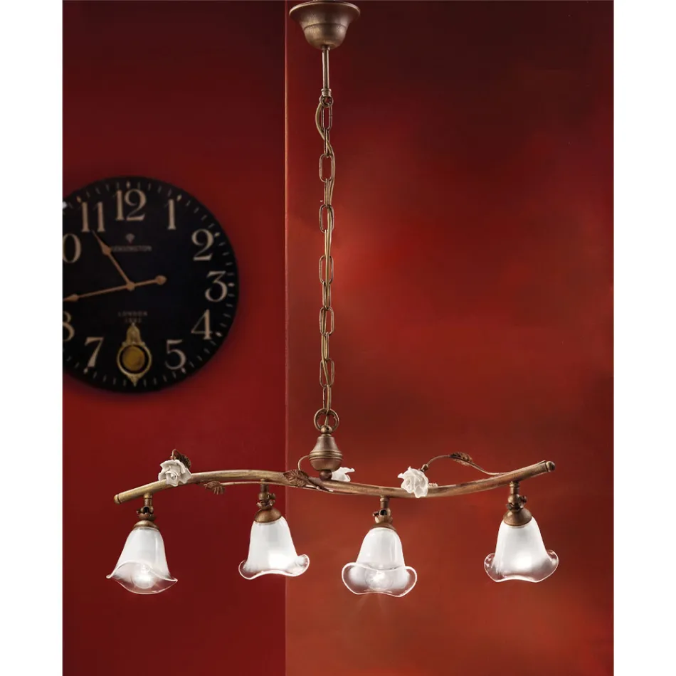 Liniowa lampa wisząca 4 światła w żelaznych, szklanych i ceramicznych różach - Siena Viadurini