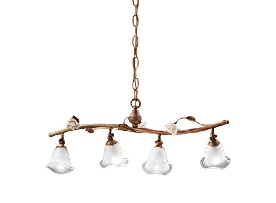 Liniowa lampa wisząca 4 światła w żelaznych, szklanych i ceramicznych różach - Siena Viadurini