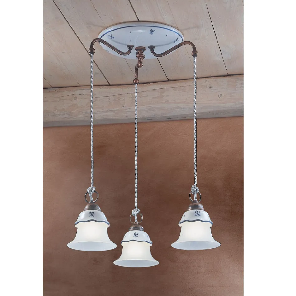 Okrągła lampa wisząca z żelaza, szkła, ręcznie malowanej ceramiki - Ferrara Viadurini