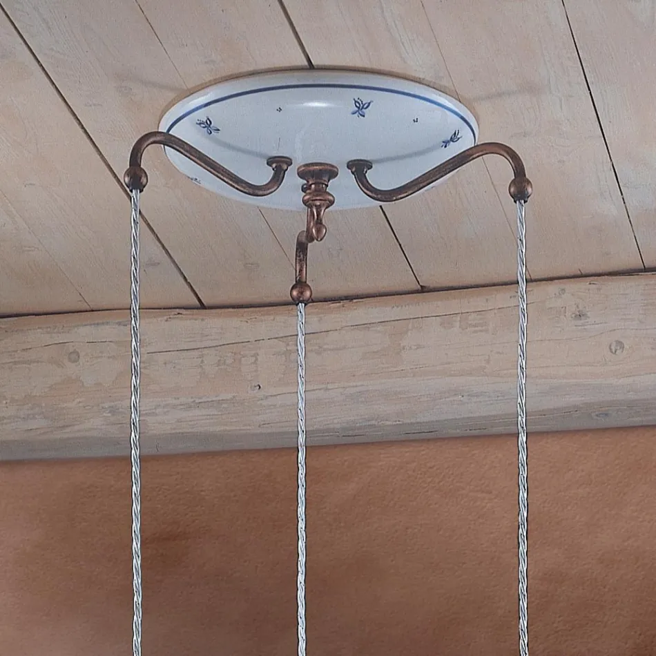 Okrągła lampa wisząca z żelaza, szkła, ręcznie malowanej ceramiki - Ferrara Viadurini