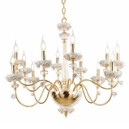 Klasyczny żyrandol 12 świateł z porcelany i luksusowego szkła dmuchanego - Eteria Viadurini