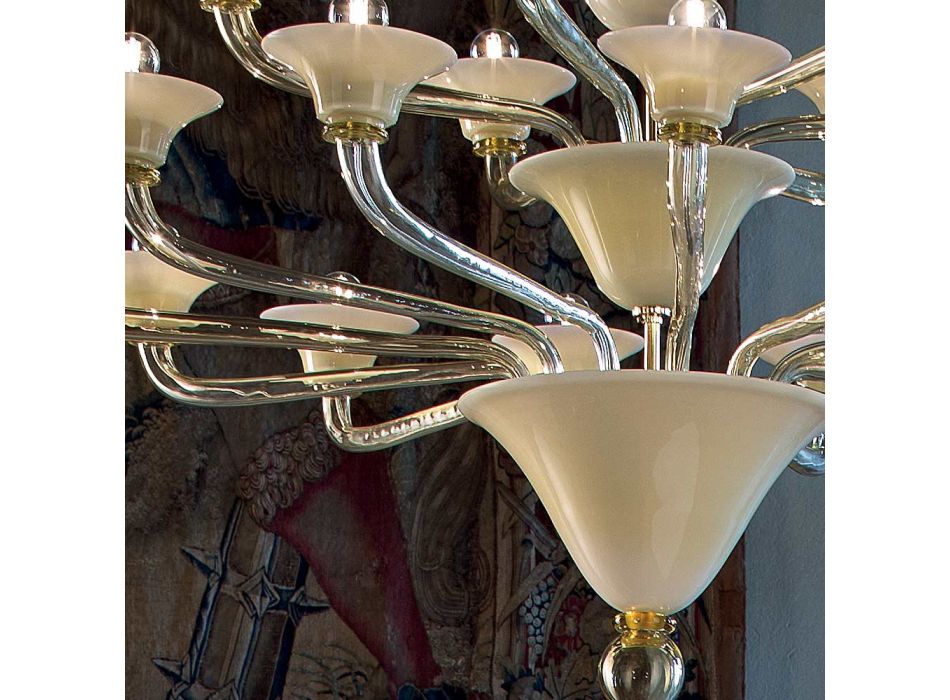 Żyrandol 21 świateł ze szkła weneckiego i złotego metalu Made in Italy - Ismail Viadurini