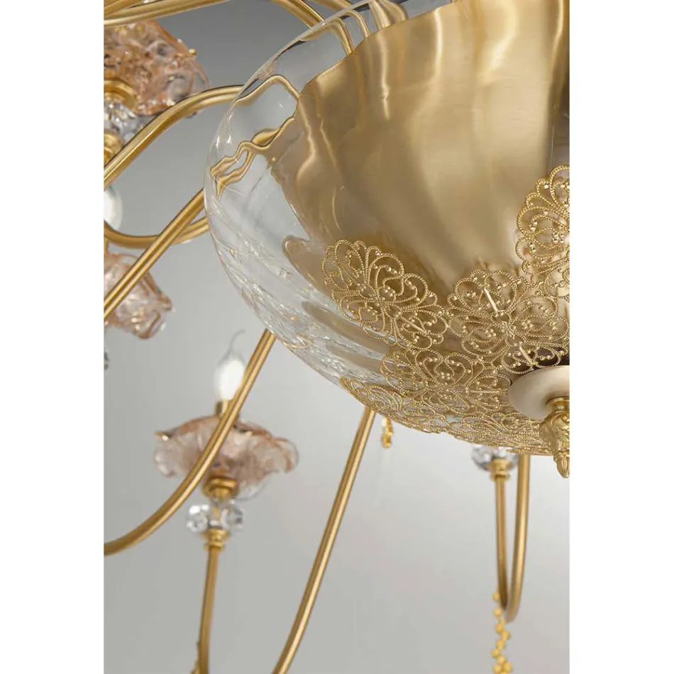 Klasyczny żyrandol 24 światła ze szkła, kryształu i luksusowego metalu - Flandria Viadurini