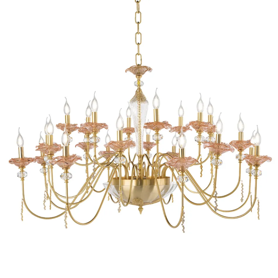 Klasyczny żyrandol 24 światła ze szkła, kryształu i luksusowego metalu - Flandria Viadurini