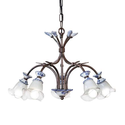 Żyrandol ze szkła rzemieślniczego z 5 lampkami z metalu, ceramiki i kwiatów - Vicenza Viadurini