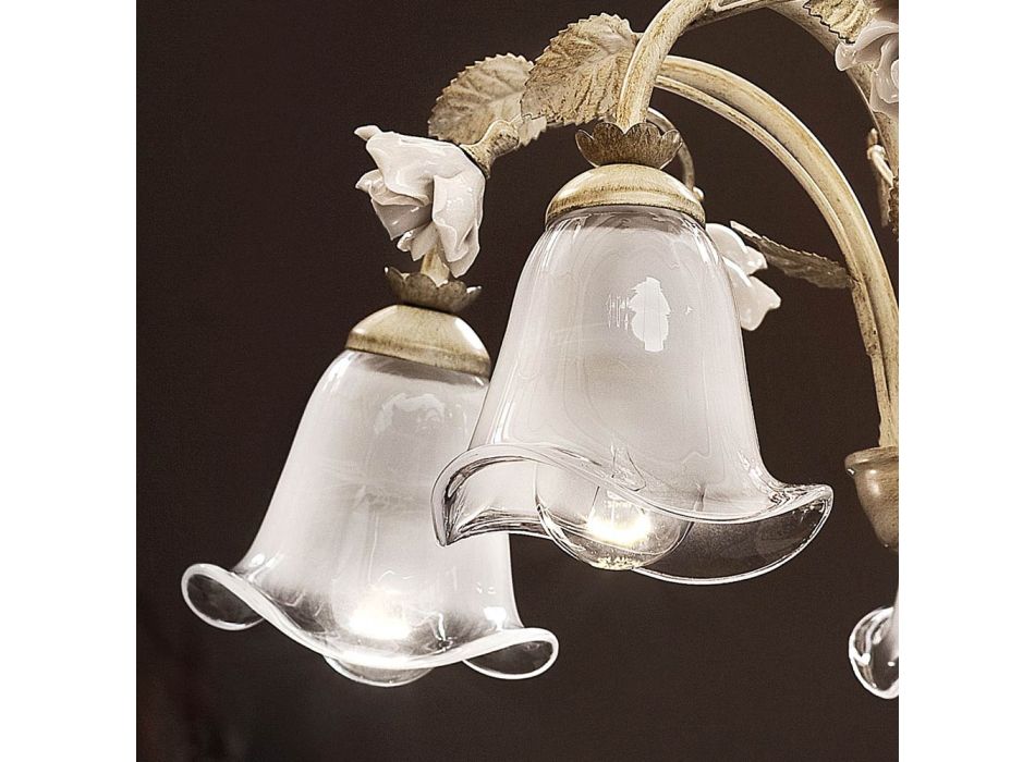 Żyrandol z 5 lampkami z żelaza i piaskowanego szkła z ceramicznymi różami - Siena Viadurini