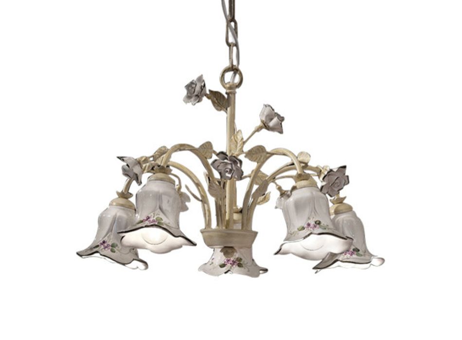 Żyrandol z 5 lampkami z metalu i ręcznie zdobionej ceramiki i róż - Pisa Viadurini