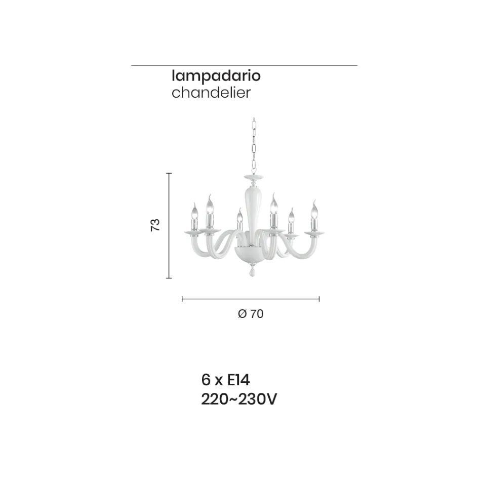 Klasyczny 6-punktowy żyrandol z włoskiego ręcznie robionego przezroczystego szkła - Rapallo Viadurini