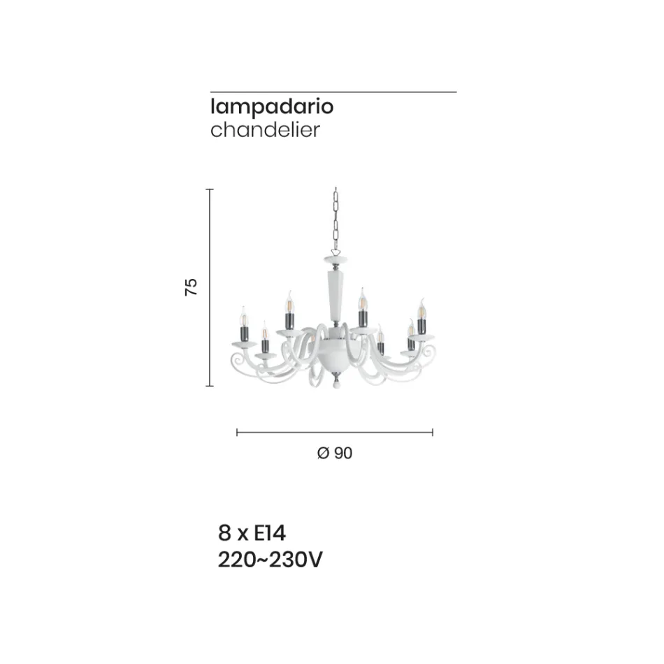 Klasyczny żyrandol 8 świateł włoski ręcznie wykonany ze szkła i kryształu - Malezja Viadurini
