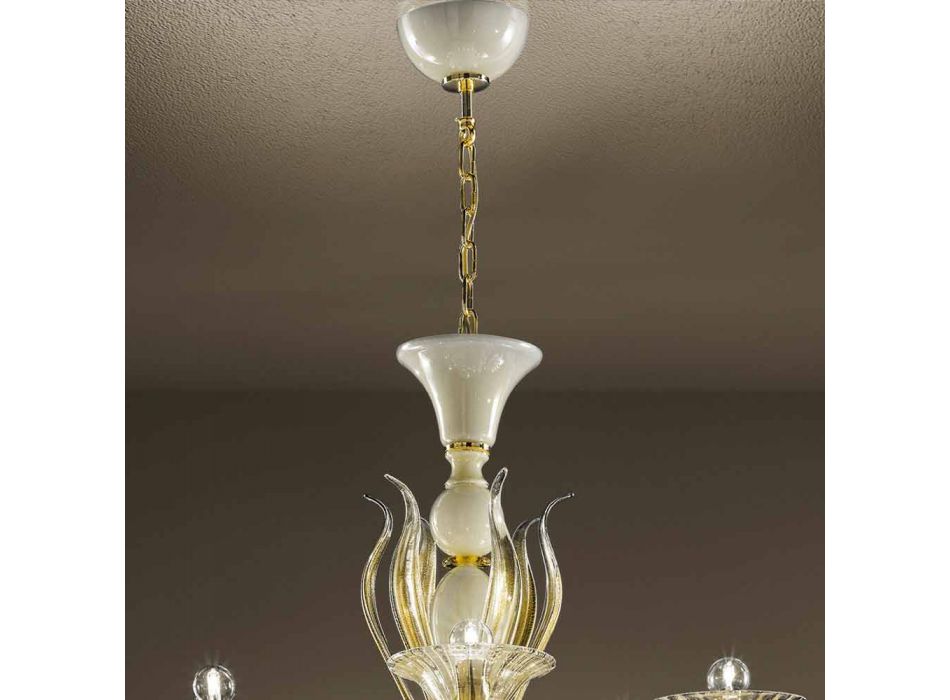 Żyrandol 15 świateł z białego i złotego szkła weneckiego, wyprodukowany we Włoszech - Agustina Viadurini
