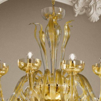 Żyrandol 16 świateł ze szkła weneckiego i złota, ręcznie robiony we Włoszech - Regina
