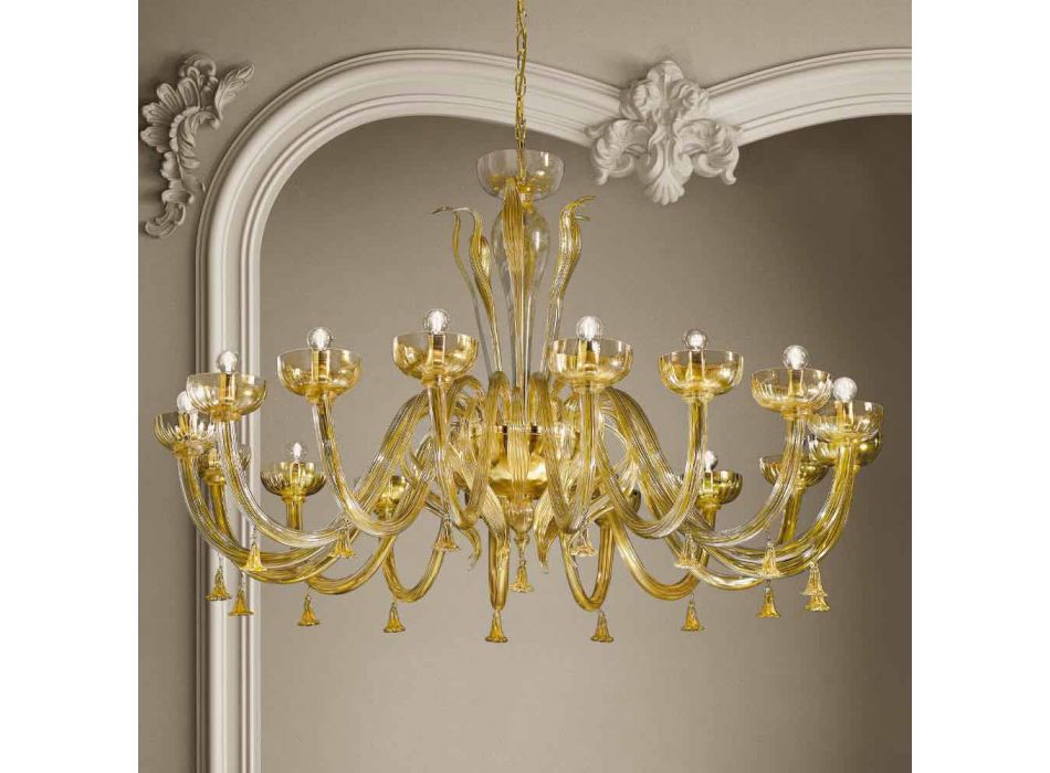 Żyrandol 16 świateł ze szkła weneckiego i złota, ręcznie robiony we Włoszech - Regina Viadurini