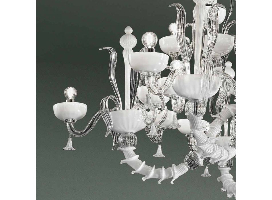 Żyrandol z 27 lampkami z białego szkła weneckiego, ręcznie robiony we Włoszech - Regina Viadurini