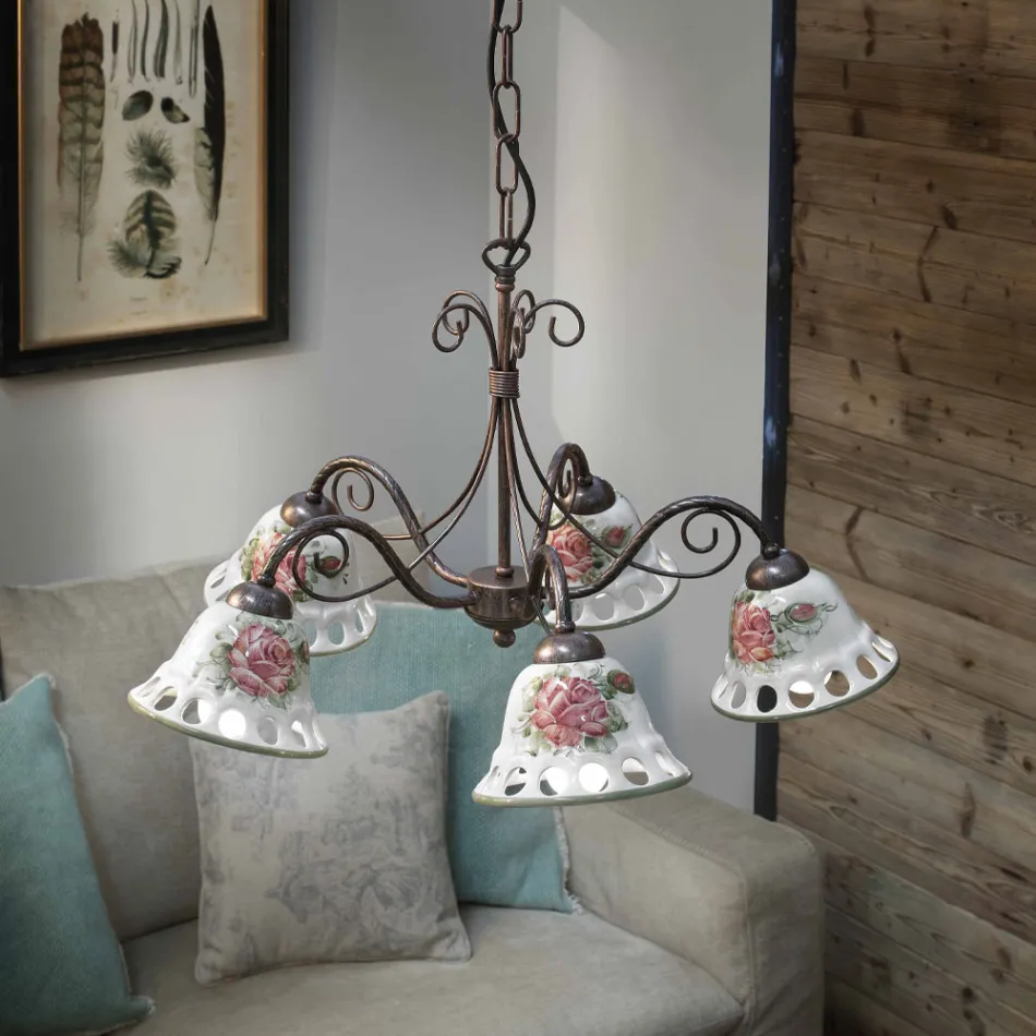 Ręcznie robiony ceramiczny żyrandol z 3 lub 5 światłami z Passanastri - Neapol Viadurini